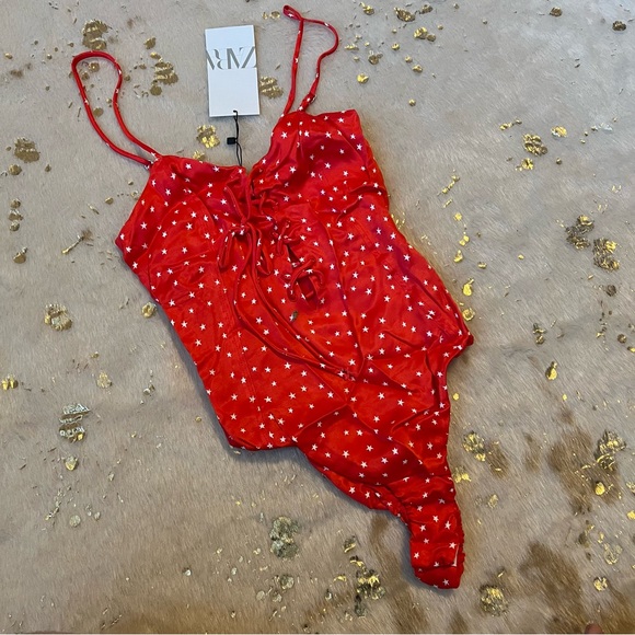 NWT Zara XS Red White Stars Lace Up Bodysuit - Picture 2 of 9